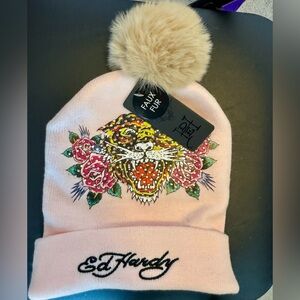 Ed Hardy Pink Knit Beanie Hat Faux Fur Pom Rhinestone Tiger Roses NWT